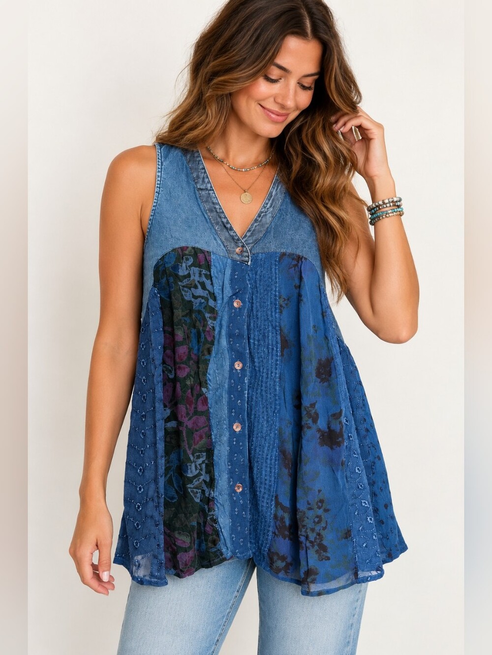 Young Threads Indigo Patchwork Boho Button Front Sleeveless Top Size Small